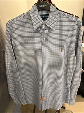 Ralph Lauren Blue and White Check Button-Up Dress Shirt